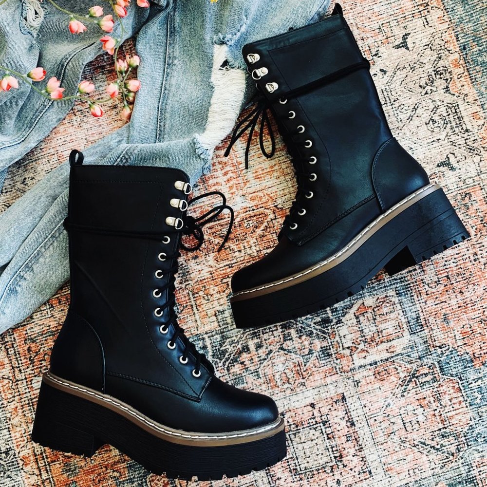 NEW🔥 Black Lace-Up Combat Military Mid-Calf Boots Block Heel Lug Sole Platform